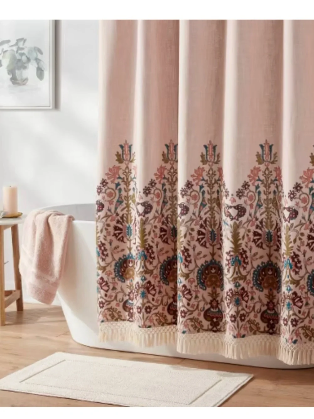 Threshold Blush Pink Boho Shower Curtain with Fringe